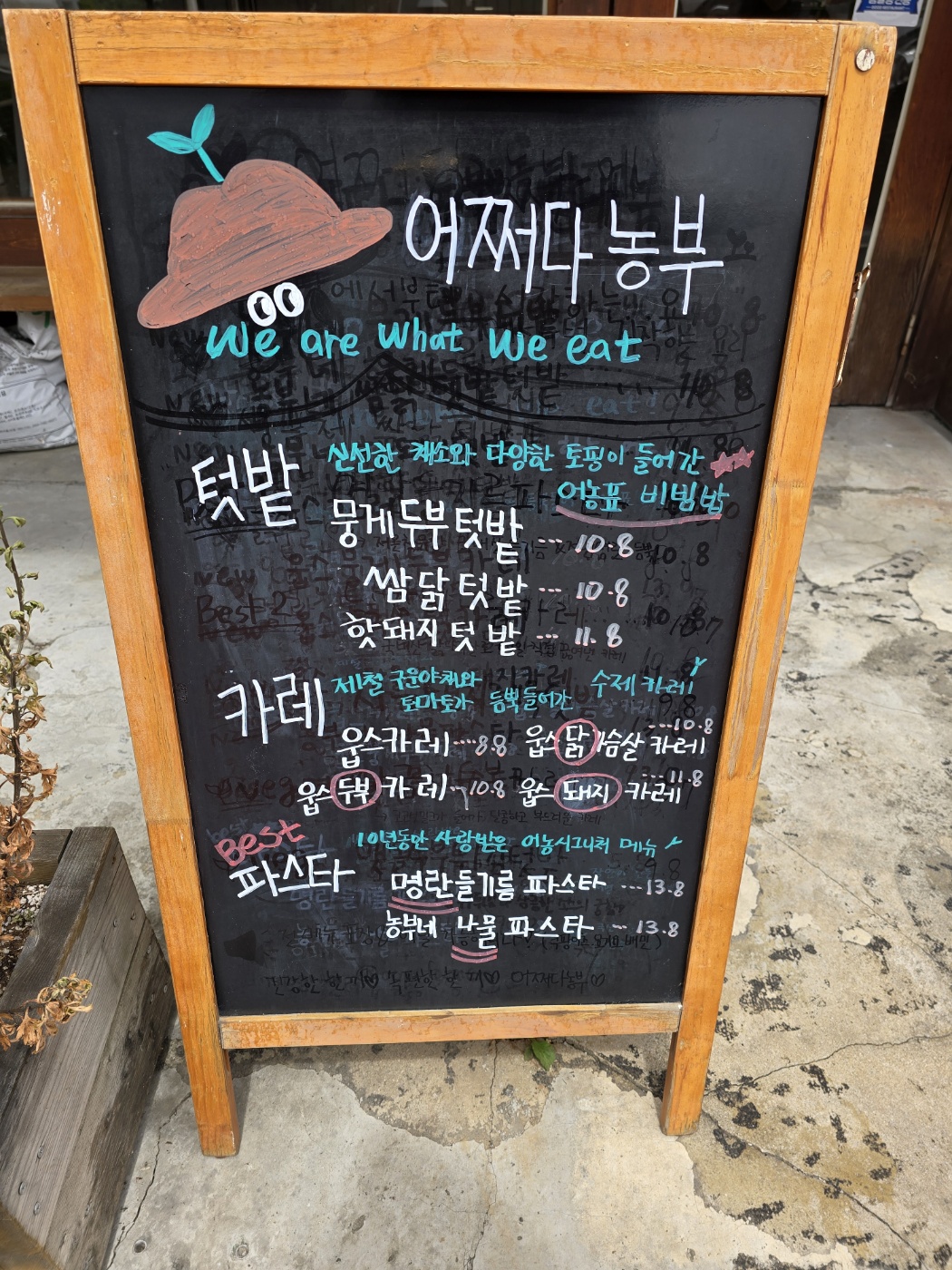 춘천 어쩌다농부 입간판 메뉴 텃밭 카레 파스타