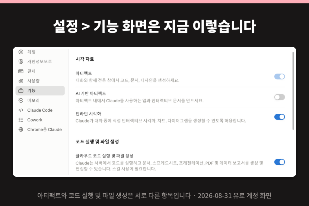 클로드 설정 기능 화면에서 아티팩트와 코드 실행 항목을 보여주는 실제 화면
