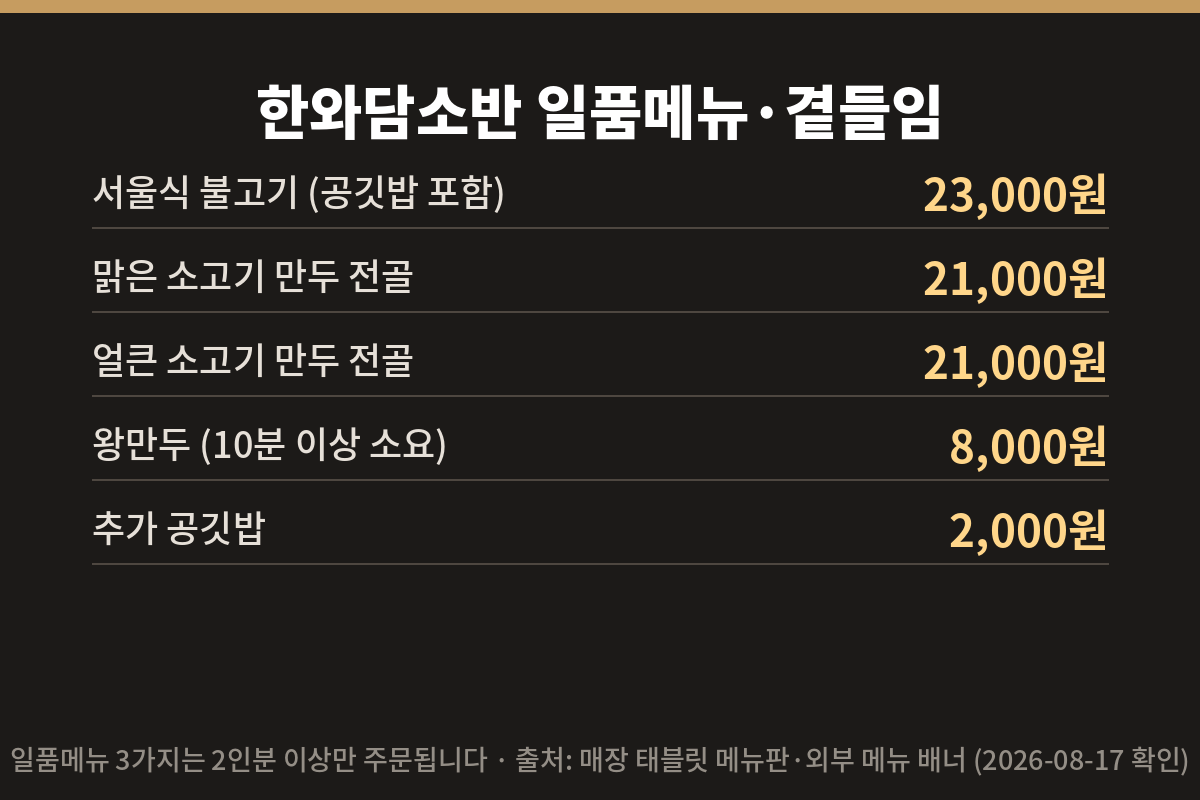 에버랜드 한와담 일품메뉴 곁들임 가격표 카드