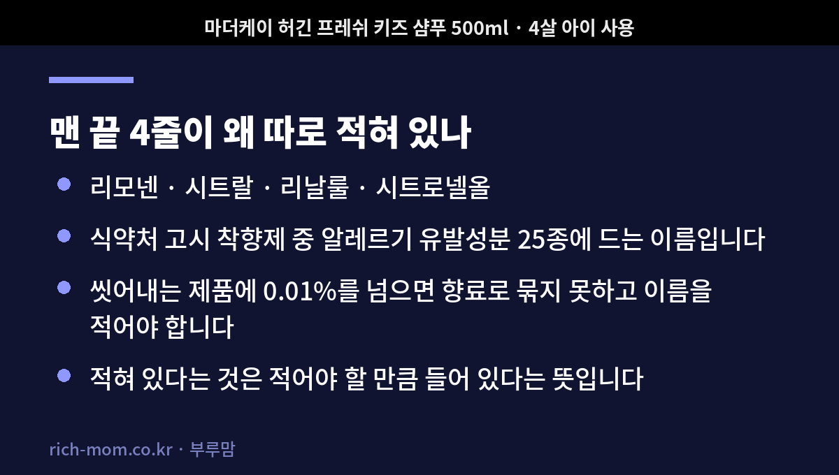 키즈 샴푸 성분표 맨 끝 알레르기 유발성분 네 가지 설명
