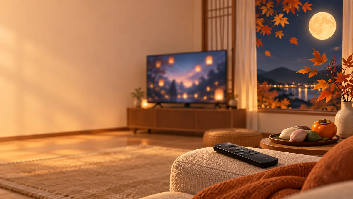 불을 낮춘 거실 한쪽에 TV가 켜져 있고 리모컨이 놓여 있는 모습