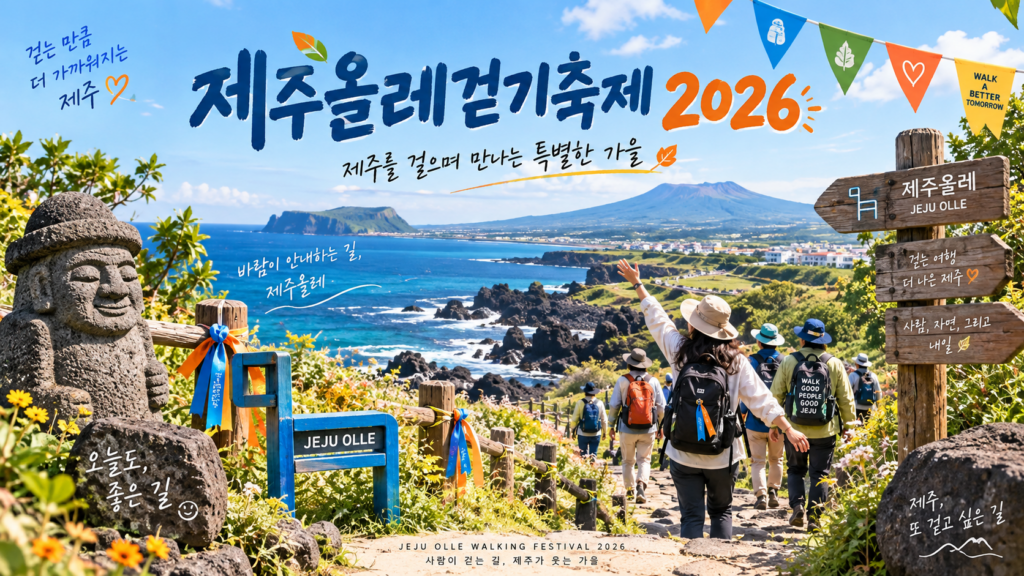 해안 올레길을 걷는 사람들과 돌하르방, 리본이 묶인 표지 위로 제주올레걷기축제 2026 글자가 적힌 그림
