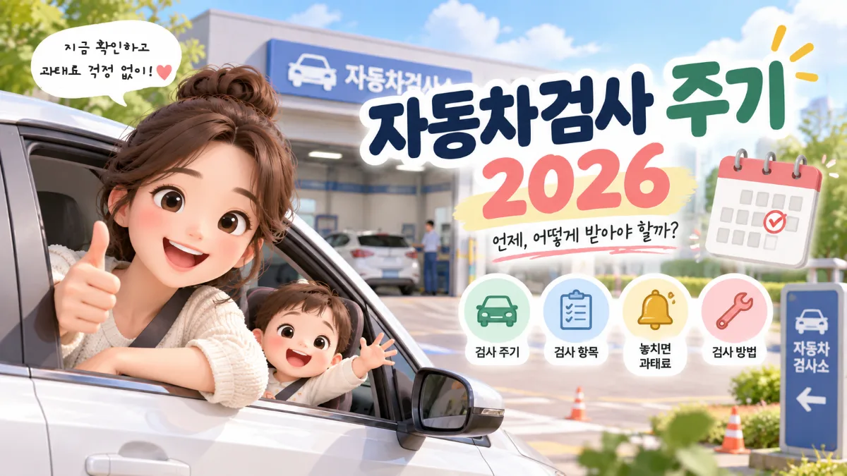 자동차검사소 앞 흰 차 창밖으로 엄지를 든 여성과 손을 흔드는 아이, 옆에 「자동차검사 주기 2026」 글자와 달력, 검사 주기·검사 항목·놓치면 과태료·검사 방법 아이콘이 있는 일러스트