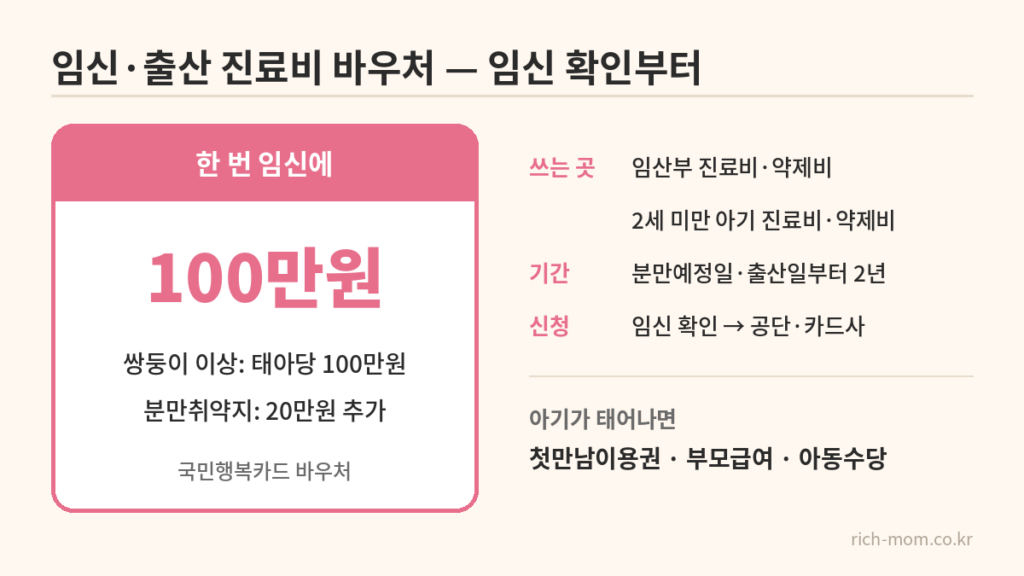 분홍 카드에 100만원이 크게 적히고 오른쪽에 쓰는 곳·기간·신청 방법이 정리된 요약 그림