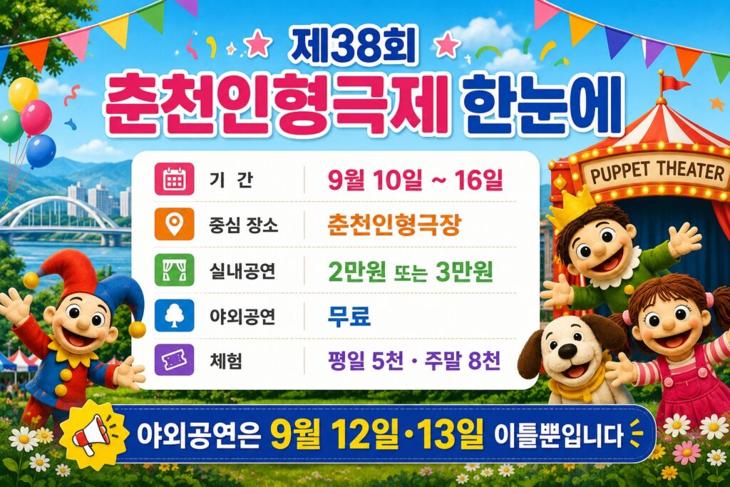 제38회 춘천인형극제 요약 그림 — 기간 9월 10일부터 16일, 춘천인형극장, 실내공연 2만원 또는 3만원, 야외공연 무료, 체험 평일 5천원 주말 8천원
