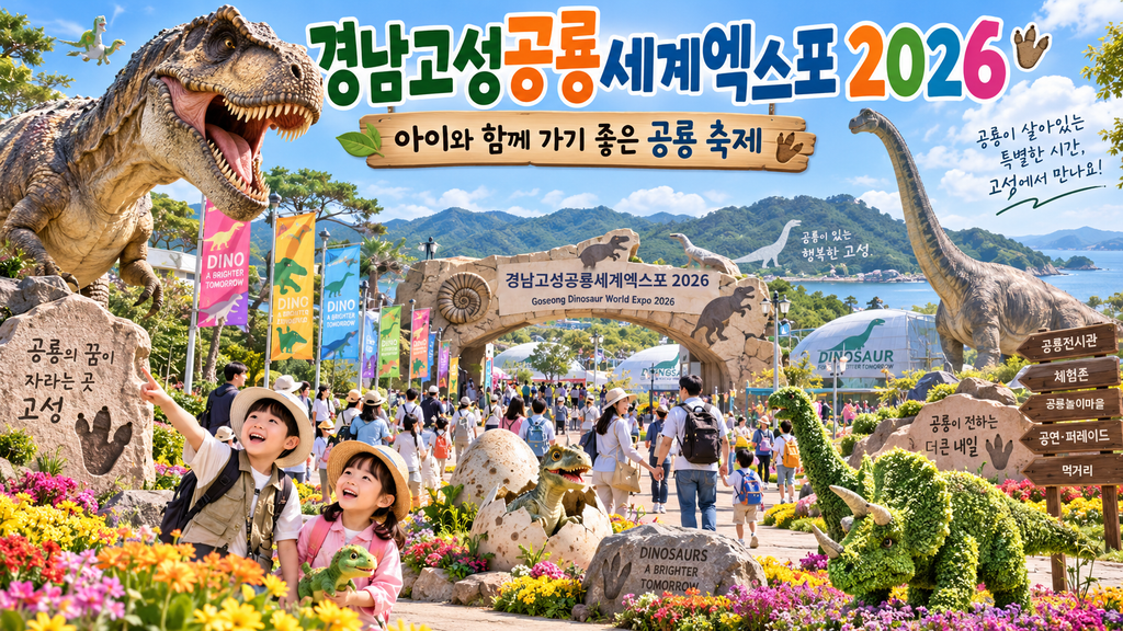경남고성공룡세계엑스포 2026 글자와 공룡 모형, 꽃밭, 공룡 모양 입구 아치를 그린 가을 축제 그림