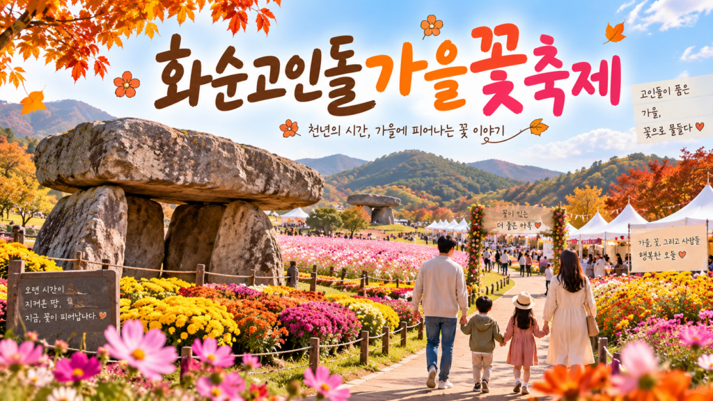 탁자 모양 고인돌 앞에 국화와 코스모스가 핀 꽃밭, 흰 천막이 늘어선 길을 걷는 가족 네 명, 위쪽에 「화순고인돌가을꽃축제」 글씨