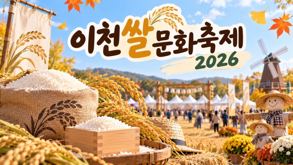 벼 이삭과 쌀자루, 나무 됫박, 밀짚모자, 허수아비와 흰 천막이 늘어선 가을 들판 위에 이천쌀문화축제 2026 글자가 적힌 그림