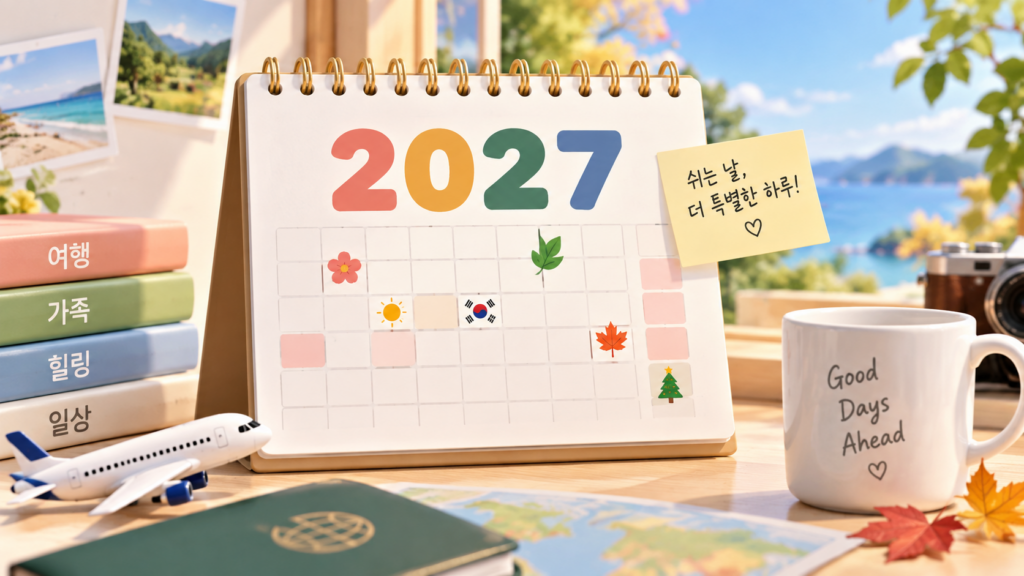 2027이라고 적힌 탁상 달력 옆에 여권과 비행기 모형, 머그컵이 놓인 책상