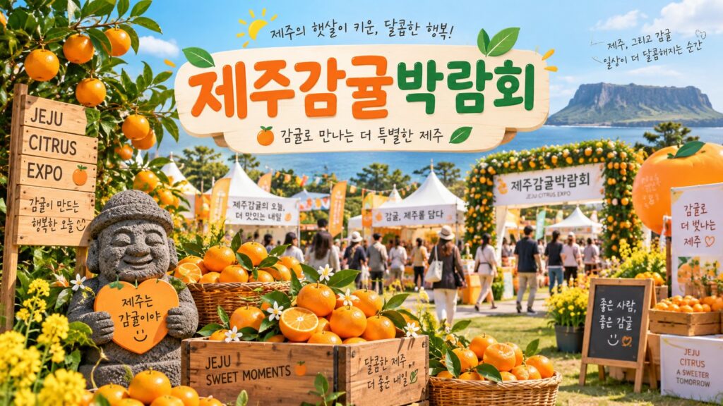 제주감귤박람회 글자가 적힌 나무 간판 아래 감귤 바구니와 나무 상자, 돌하르방, 흰 천막 부스와 감귤 아치가 그려진 그림