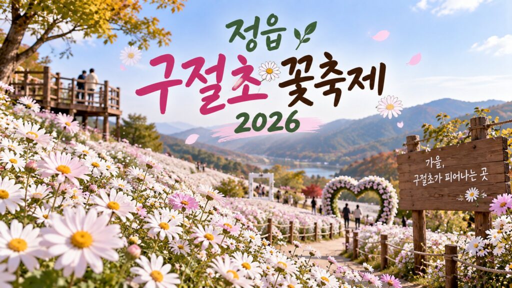 하얀 구절초가 핀 언덕 사이로 흙길과 하트 모양 꽃 아치가 있고 멀리 산과 호수가 보이는 그림, 위에 정읍 구절초 꽃축제 2026 글자