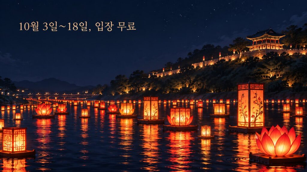 밤 남강에 연꽃 모양 유등과 사각 유등이 떠 있고 언덕 위 진주성 누각에 불이 켜진 풍경