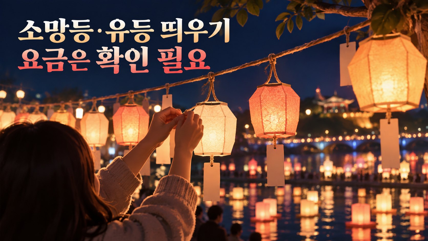 줄에 매단 종이 유등에 쪽지를 다는 사람과 강 위에 떠 있는 유등들