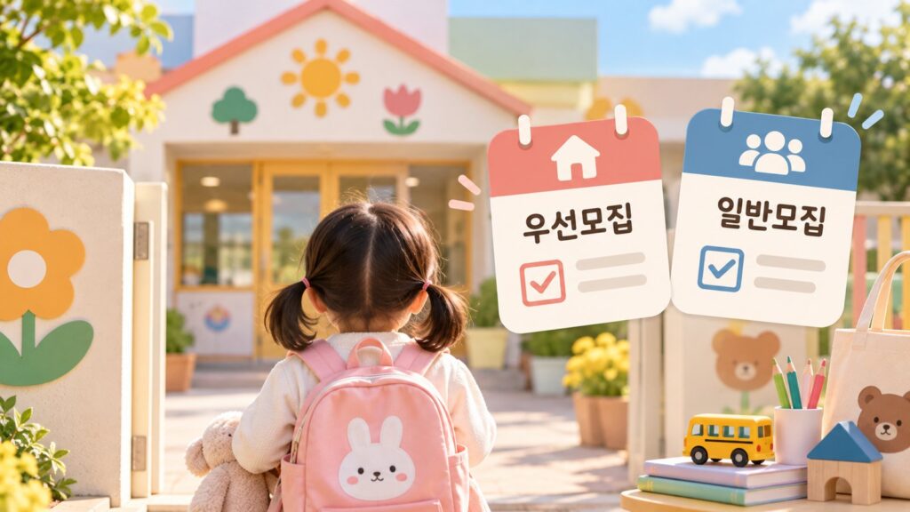 분홍 가방을 멘 아이가 유치원 앞에 서 있고 옆에 우선모집·일반모집 달력 카드가 그려진 그림
