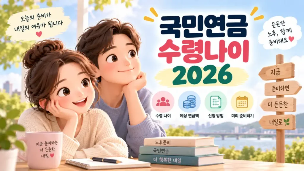 창가 책상에 턱을 괴고 앉은 두 사람과 「국민연금 수령나이 2026」 글자, 수령 나이·예상 연금액·신청 방법·미리 준비하기 아이콘