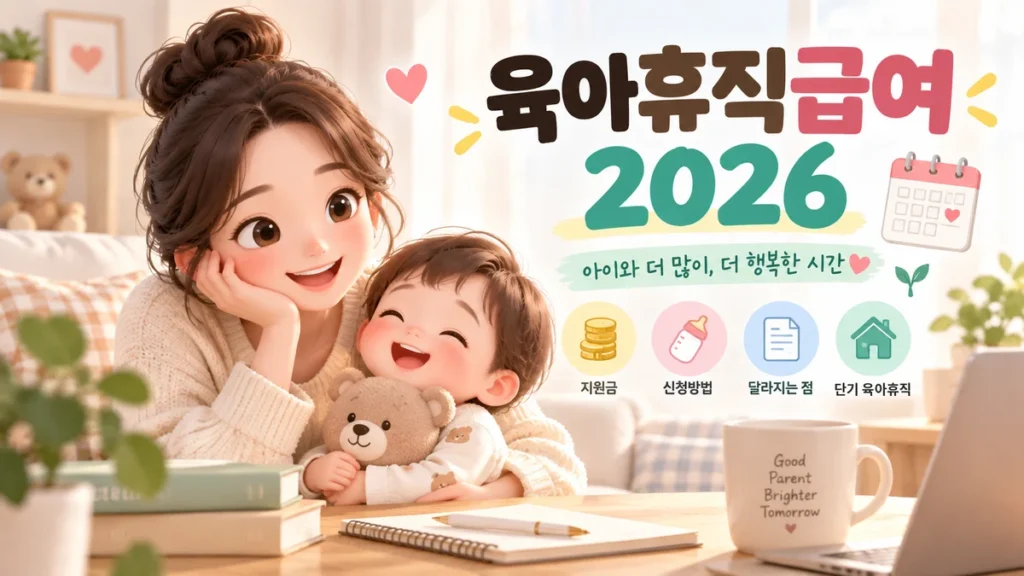 머리를 올려 묶은 여자가 곰 인형을 안은 아이를 안고 웃는 그림, 오른쪽에 육아휴직급여 2026 글자와 동전·젖병·문서·집 아이콘