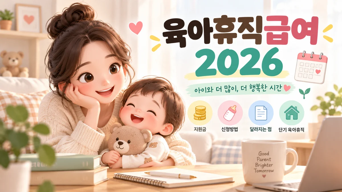 머리를 올려 묶은 여자가 곰 인형을 안은 아이를 안고 웃는 그림, 오른쪽에 육아휴직급여 2026 글자와 동전·젖병·문서·집 아이콘