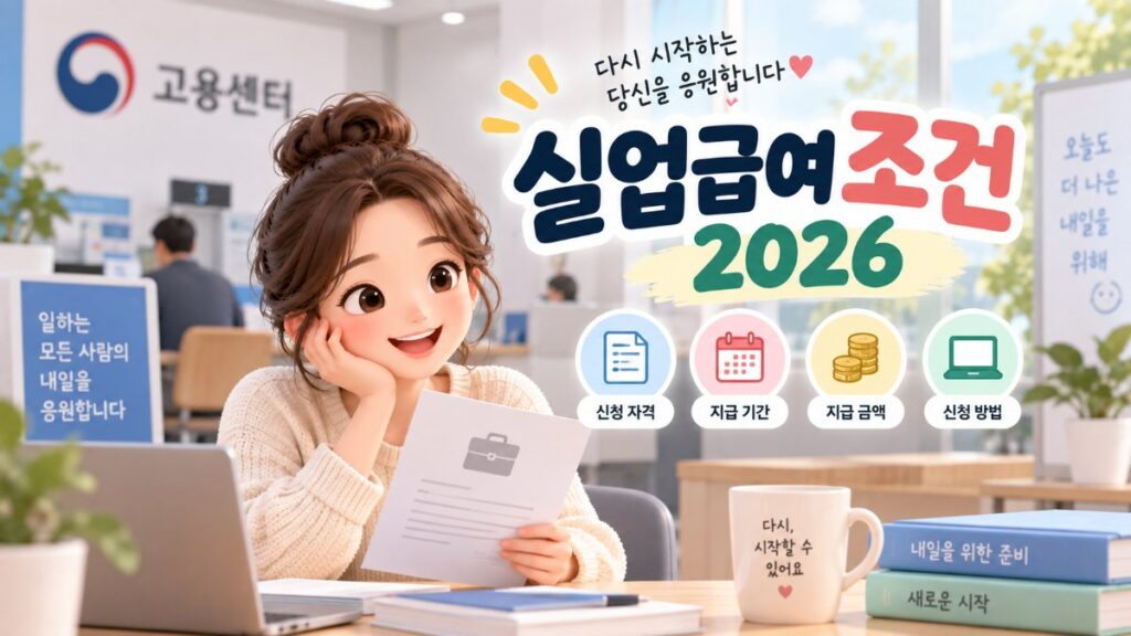 고용센터 창구를 배경으로 책상에서 서류를 들고 웃는 여성 캐릭터와 「실업급여 조건 2026」 제목, 신청 자격·지급 기간·지급 금액·신청 방법 네 아이콘