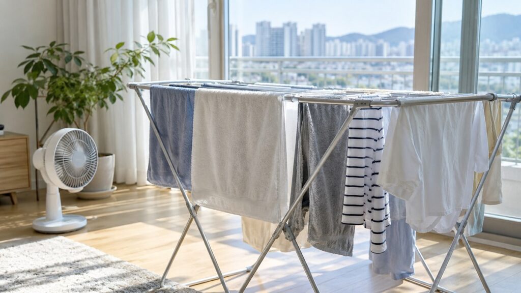 빨래 쉰내 제거 — 햇빛 드는 곳에 넓게 널어 말리는 빨래