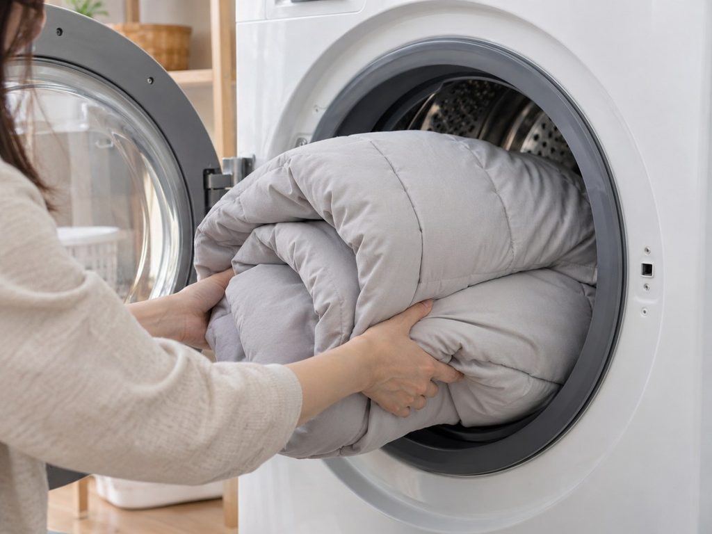 세로로 길게 접어 세탁기에 넣는 극세사 이불