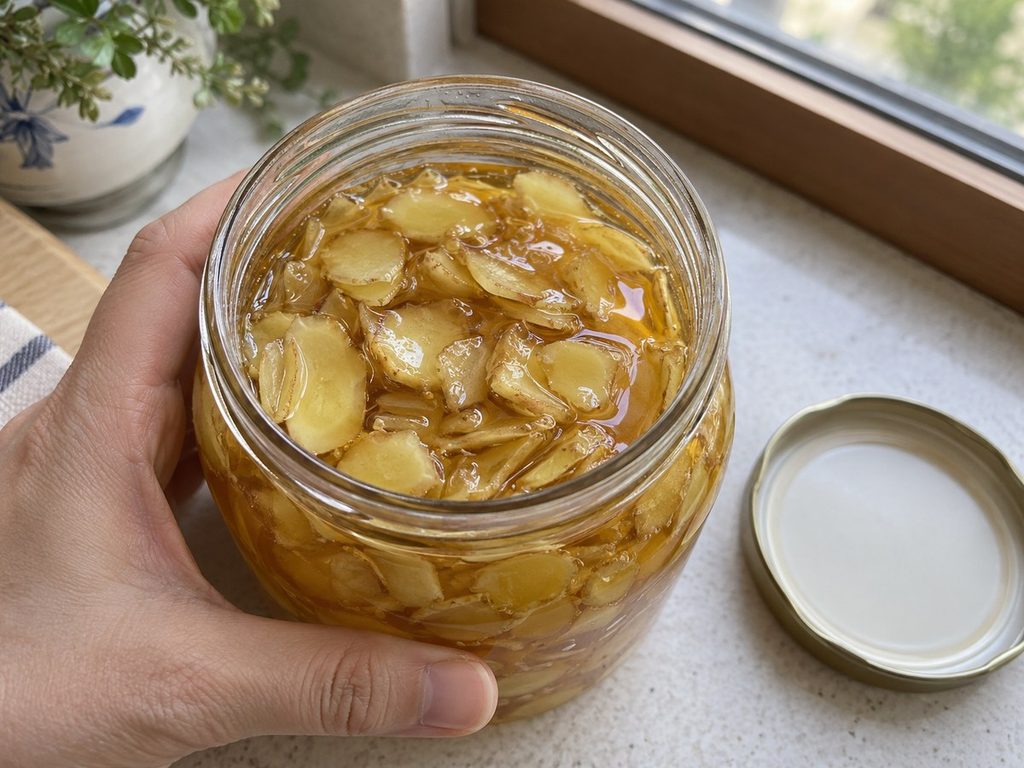 생강청 병 표면과 뚜껑 안쪽 곰팡이 확인