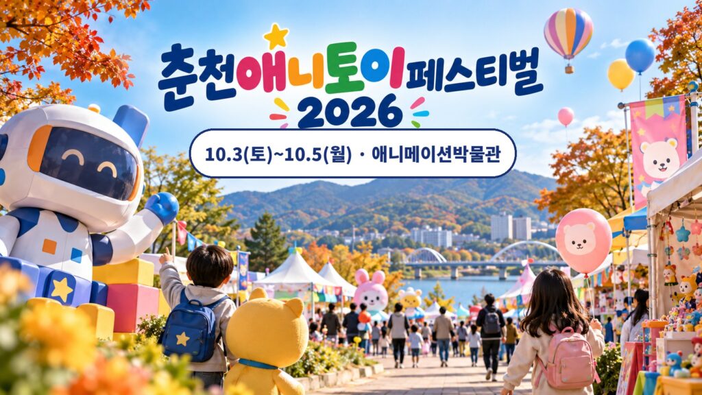 춘천애니토이페스티벌 2026 제목 아래 10.3(토)~10.5(월) 애니메이션박물관 문구, 단풍과 호수 다리 배경에 로봇 조형물과 아이들이 있는 축제 일러스트